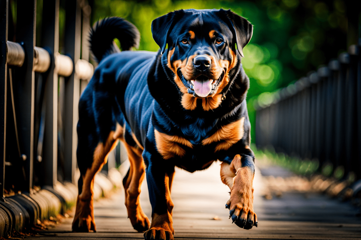 Rottweiler in a protective stance, embodying its strength and loyalty