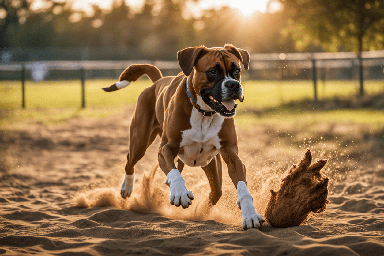 a Boxer engaging in a playful romp at a dog park, showcasing its energy and athleticism