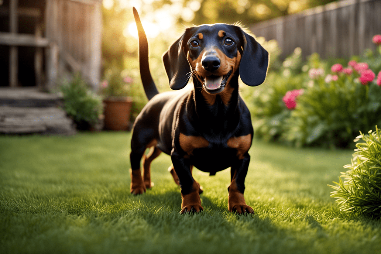 a Dachshund exploring a backyard, showcasing its curious and determined nature.