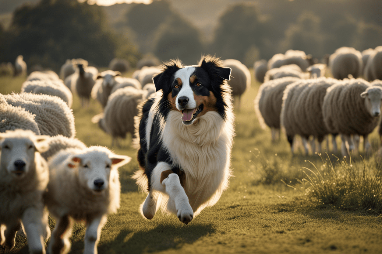 an Australian Shepherd herding sheep on a farm, embodying its working instincts.