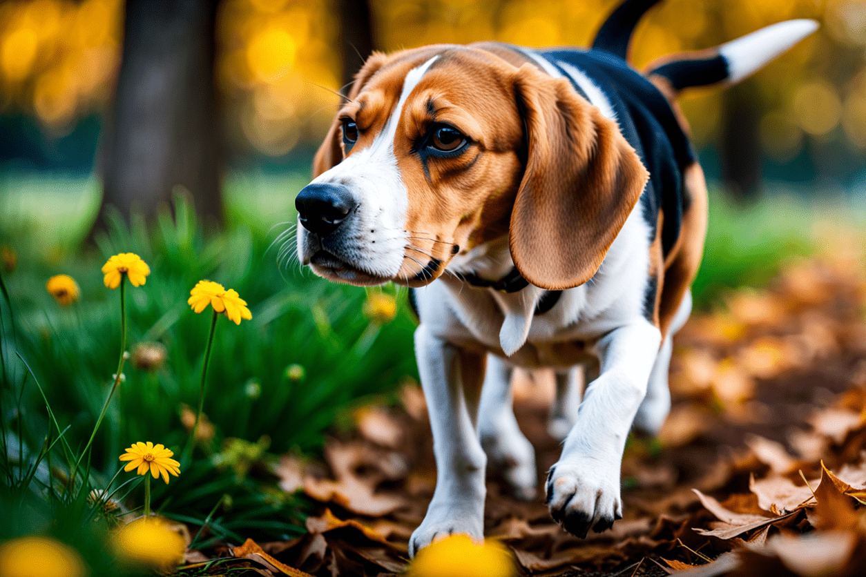 a Beagle exploring a park, nose to the ground, on the scent of interesting discoveries.