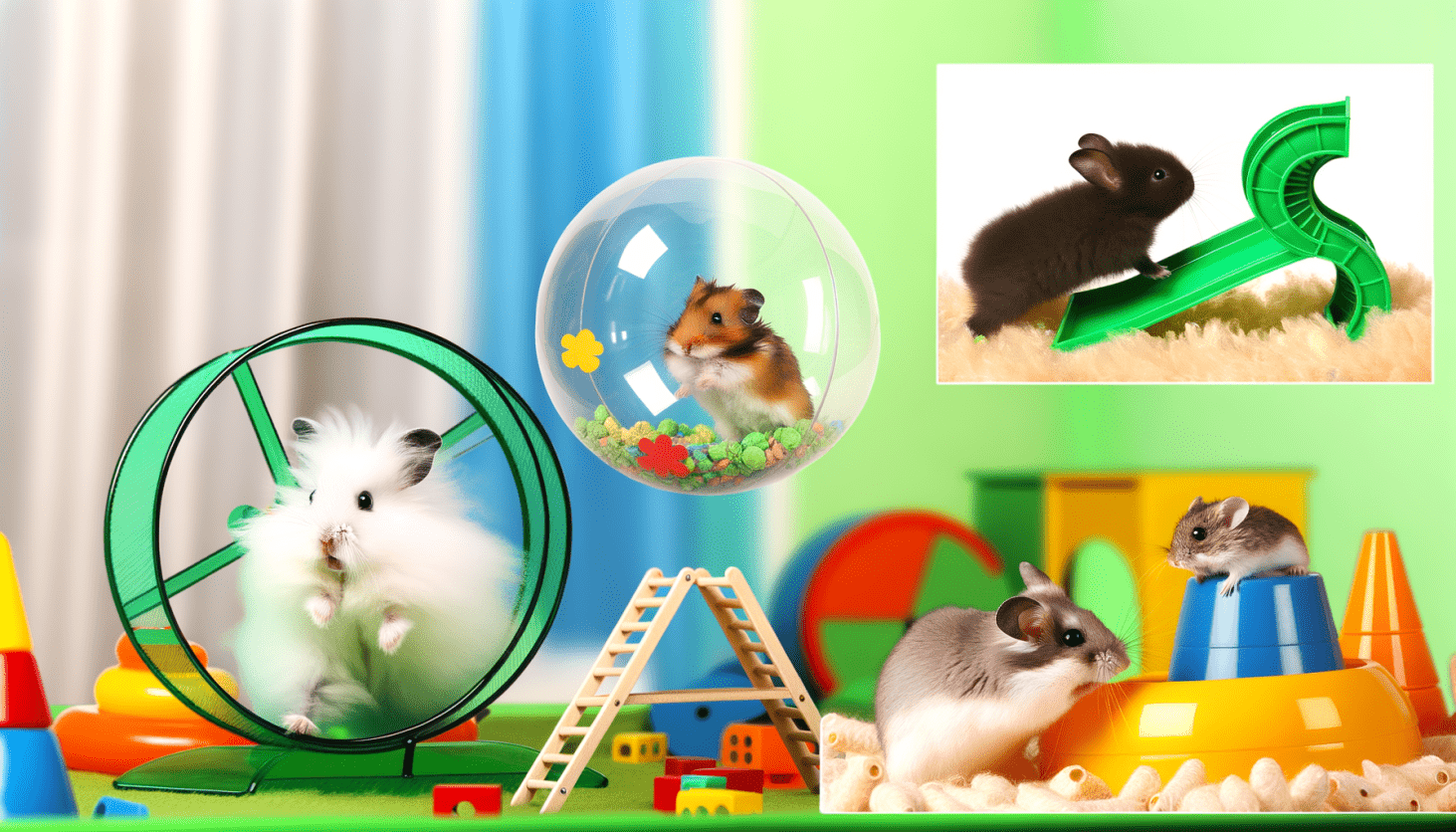 A variety of small pets enjoying exercise wheels, balls and tunnels.