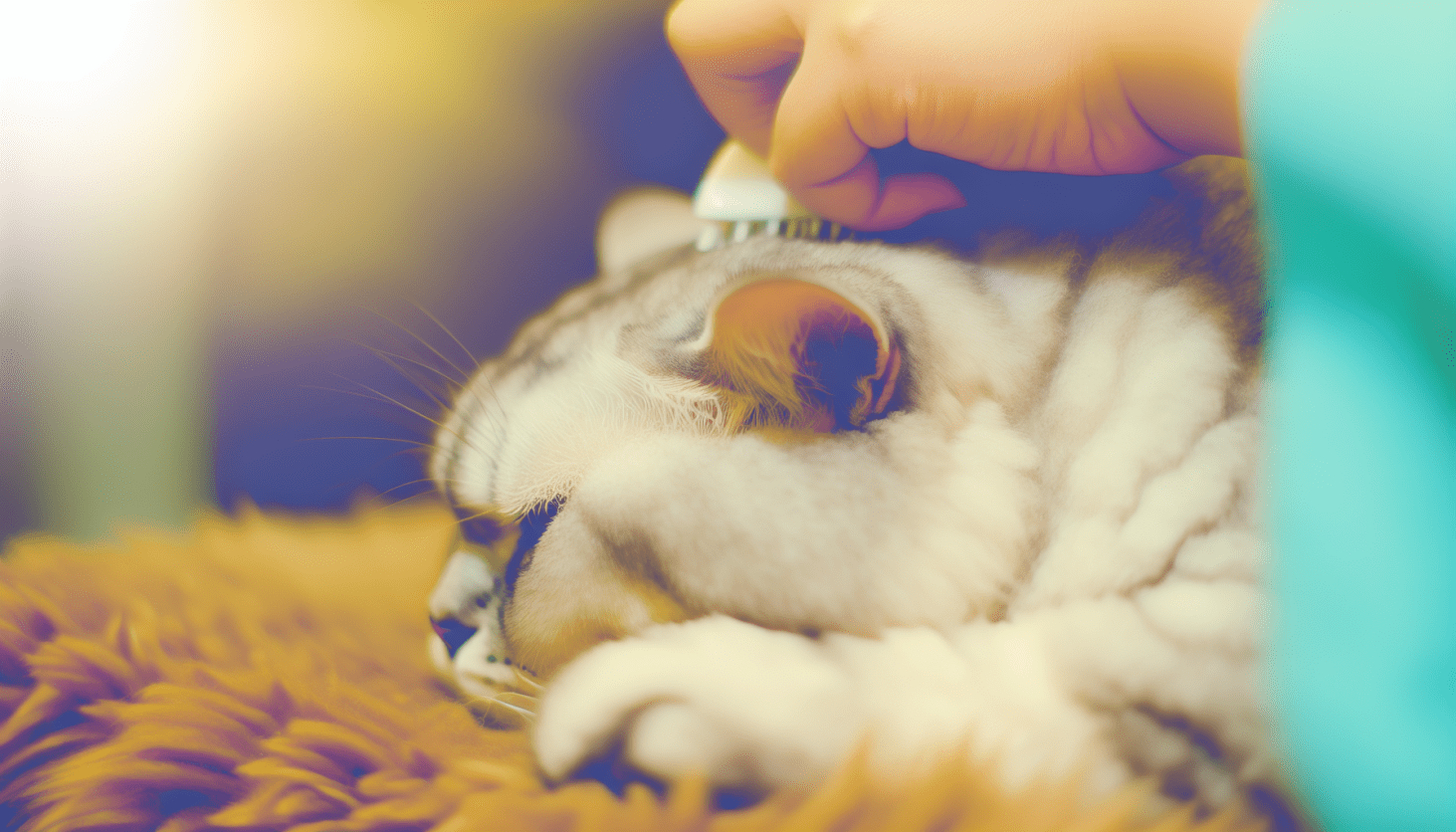 A serene image of an older cat being pampered with gentle care.