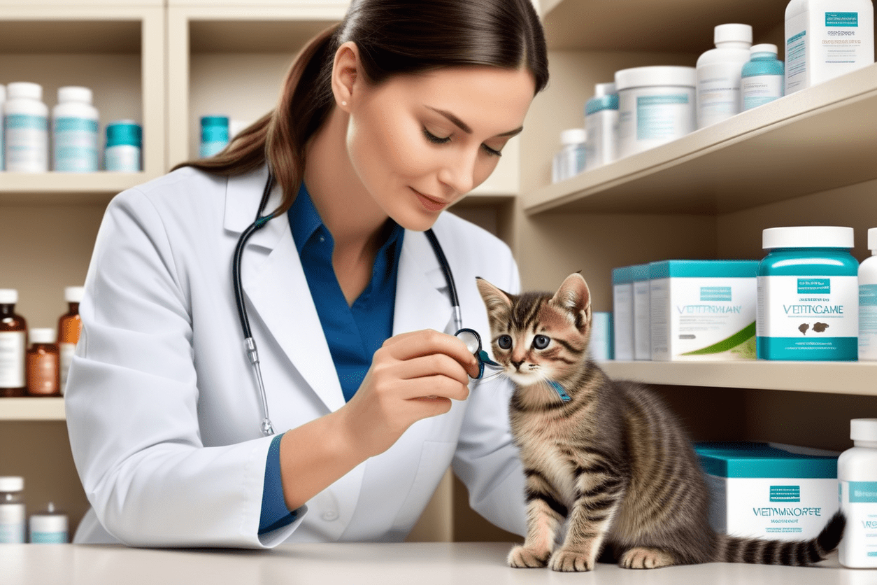 A veterinarian checking a kitten on a visit to the vets