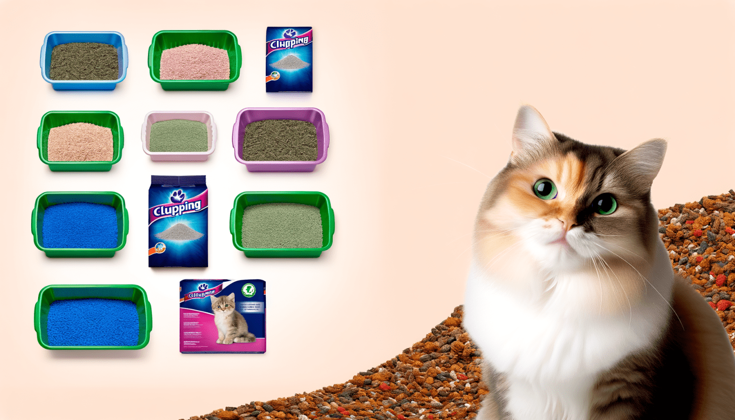 Different types of cat litter displayed with a content feline nearby.