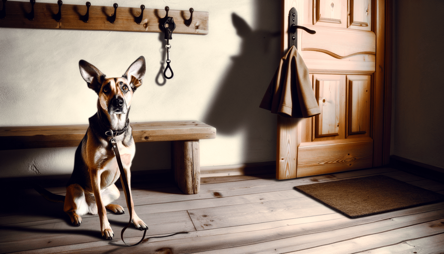 A loyal dog waiting patiently by the door, symbolizing separation anxiety.