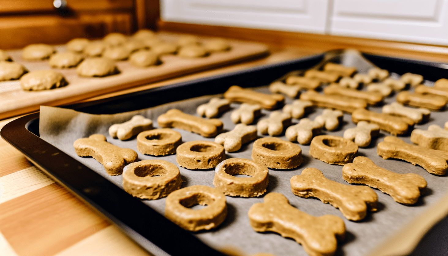 Homemade dog treats arranged on a baking tray.