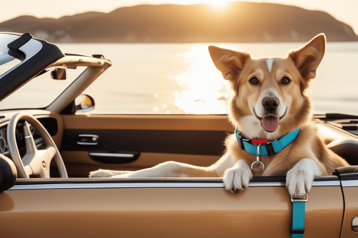 Dog in a car on a road trip