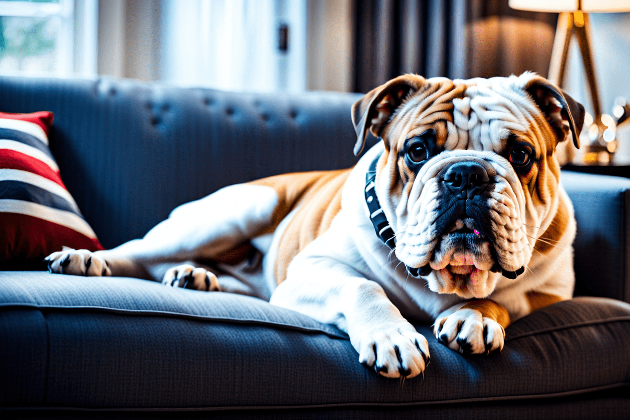 English Bulldog lying on a sofa