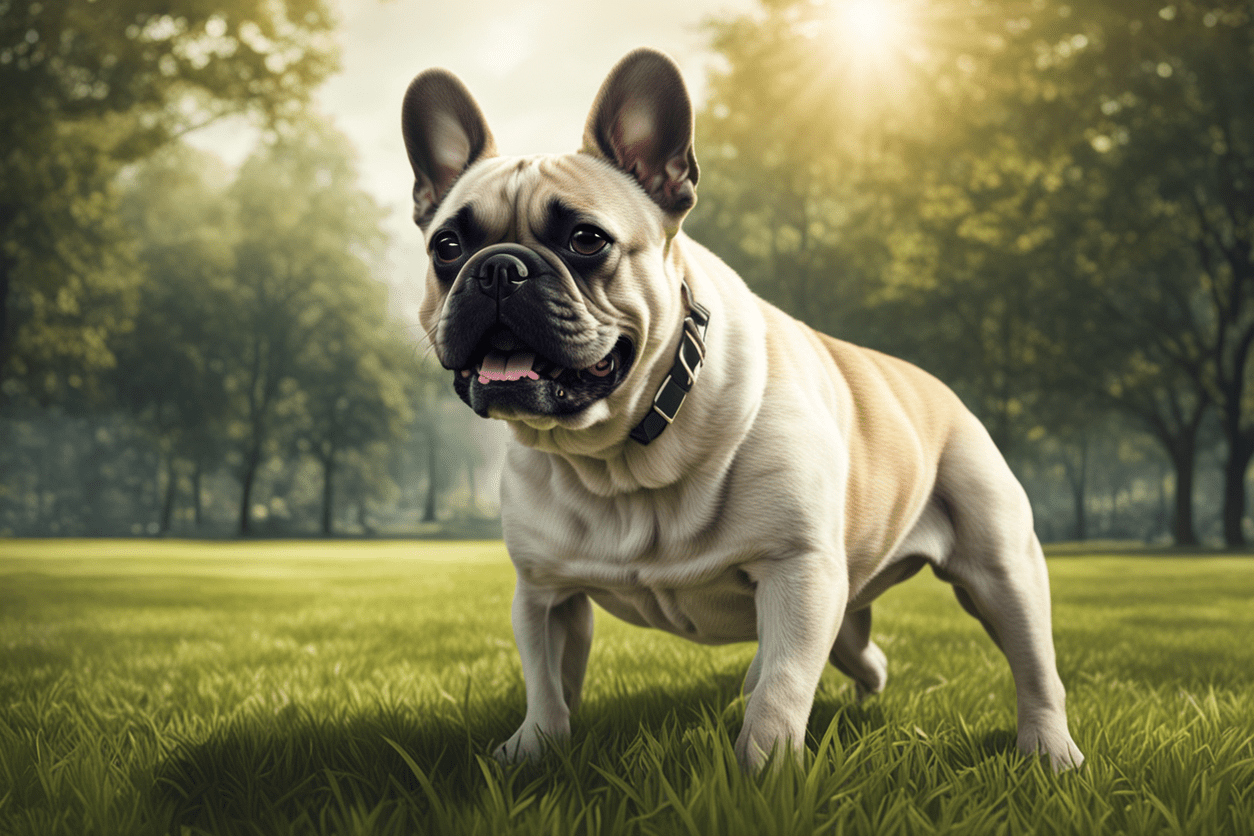 A spirited French Bulldog frolics joyfully in the park, chasing balls and making friends with its endearing charm and playful antics.