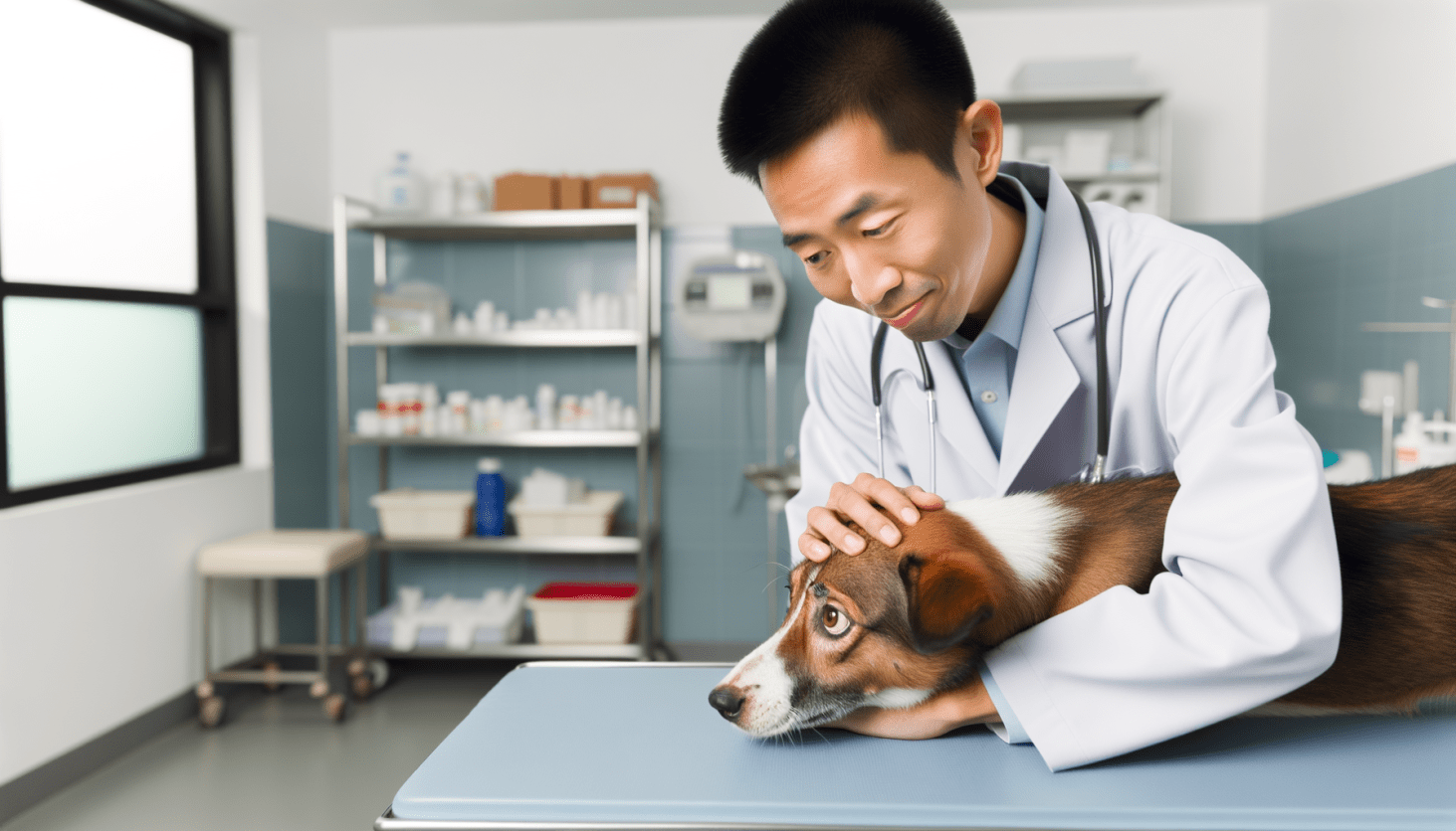 A veterinarian comforting a nervous pet during a check-up.