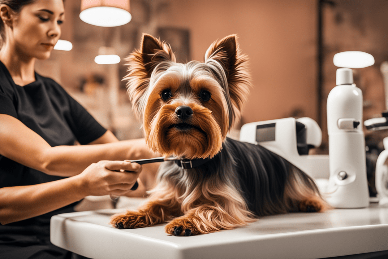 image of a Yorkshire Terrier being pampered at a grooming salon, highlighting its small and adorable stature
