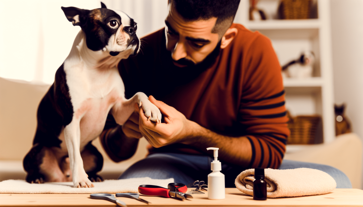 Close-up of a pet owner gently trimming their pet's nails.