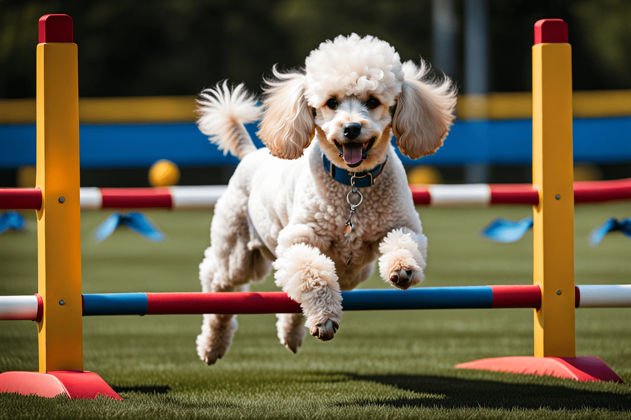 a Poodle participating in a lively agility competition, showcasing its intelligence and agility