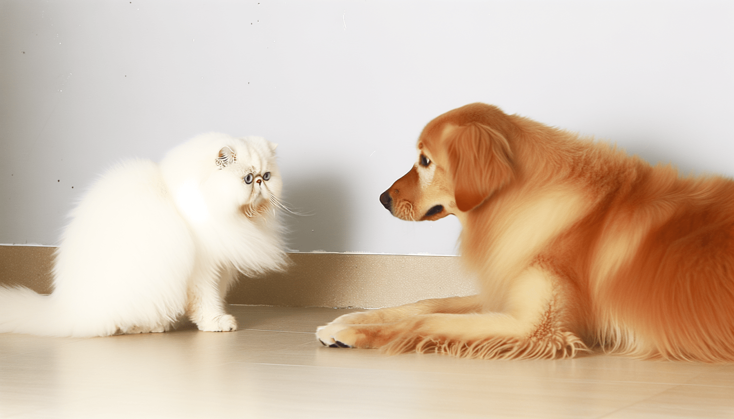 A gradual introduction scene between two pets in a neutral environment.